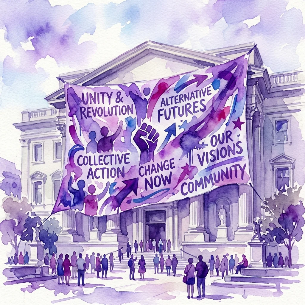 Grootschalige bannerkunstinstallatie op de gevel van het Secession-gebouw, met de gedurfde teksten 'Unity & Revolution', 'Alternative Futures' en 'Collective Action' in paarse en blauwe aquarel-stijl.