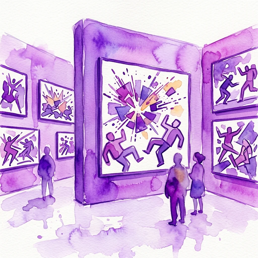Ilustracja akwarelowa galerii sztuki z purpurowymi ścianami prezentująca abstrakcyjne, graficzne prace Valerio Adami, charakteryzujące się odważnymi konturami, płaskimi kolorami i dynamicznymi postaciami w ruchu.