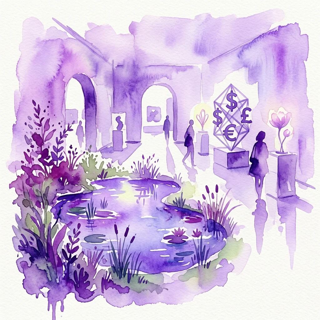 Una ilustración en acuarela de una exposición de arte que presenta un estanque con nenúfares, vegetación silvestre e instalaciones contemporáneas, incluida una escultura geométrica con símbolos de moneda, en un espacio de galería con arcos y visitantes.
