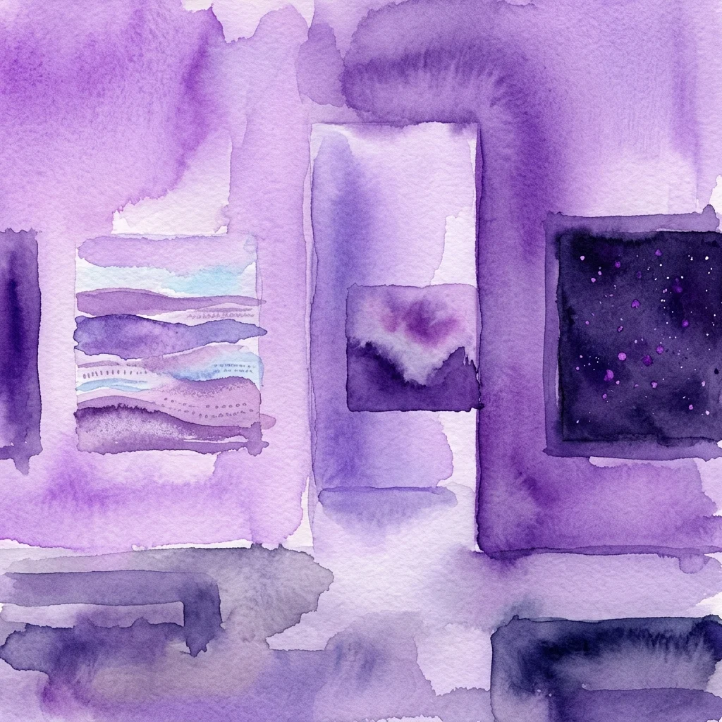 Obra de arte abstracta en acuarela en tonos púrpuras, con formas rectangulares superpuestas y un motivo de cielo nocturno estrellado, que evoca el estilo contemplativo de Vija Celmins.