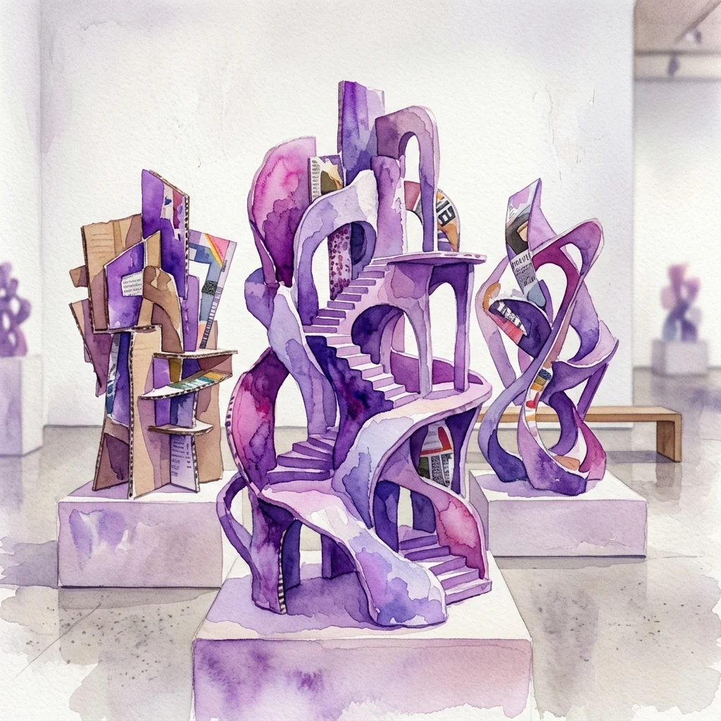 Waterverfillustratie van abstracte sculpturen door Vincent Fecteau, met paarse en roze papier-maché vormen met trappen en bogen, tentoongesteld in een minimalistische galerie.
