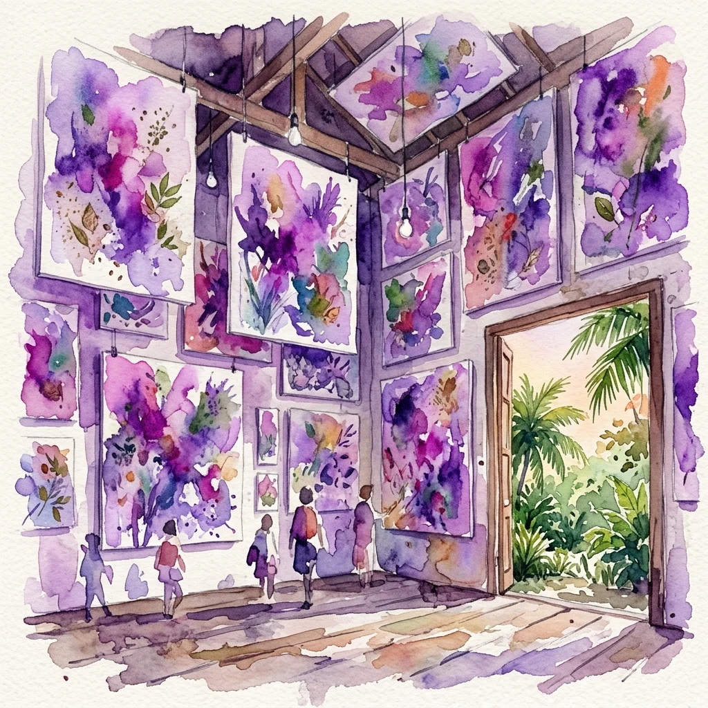 Een kunsttentoonstelling met grootschalige, kleurrijke abstracte doeken met natuurlijke elementen zoals bladeren, opgehangen in een kamer met een open deur die tropisch gebladerte onthult, wat de studio en tuin van de kunstenaar in Guatemala oproept.