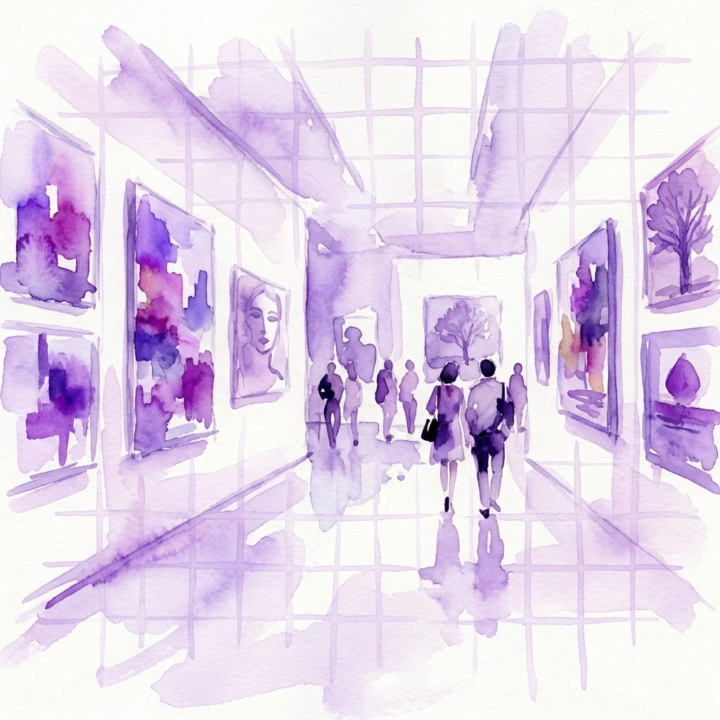 Watercolor illustration of a gallery space with visitors viewing abstract artworks on the walls, rendered in purple hues with a grid pattern overlay.