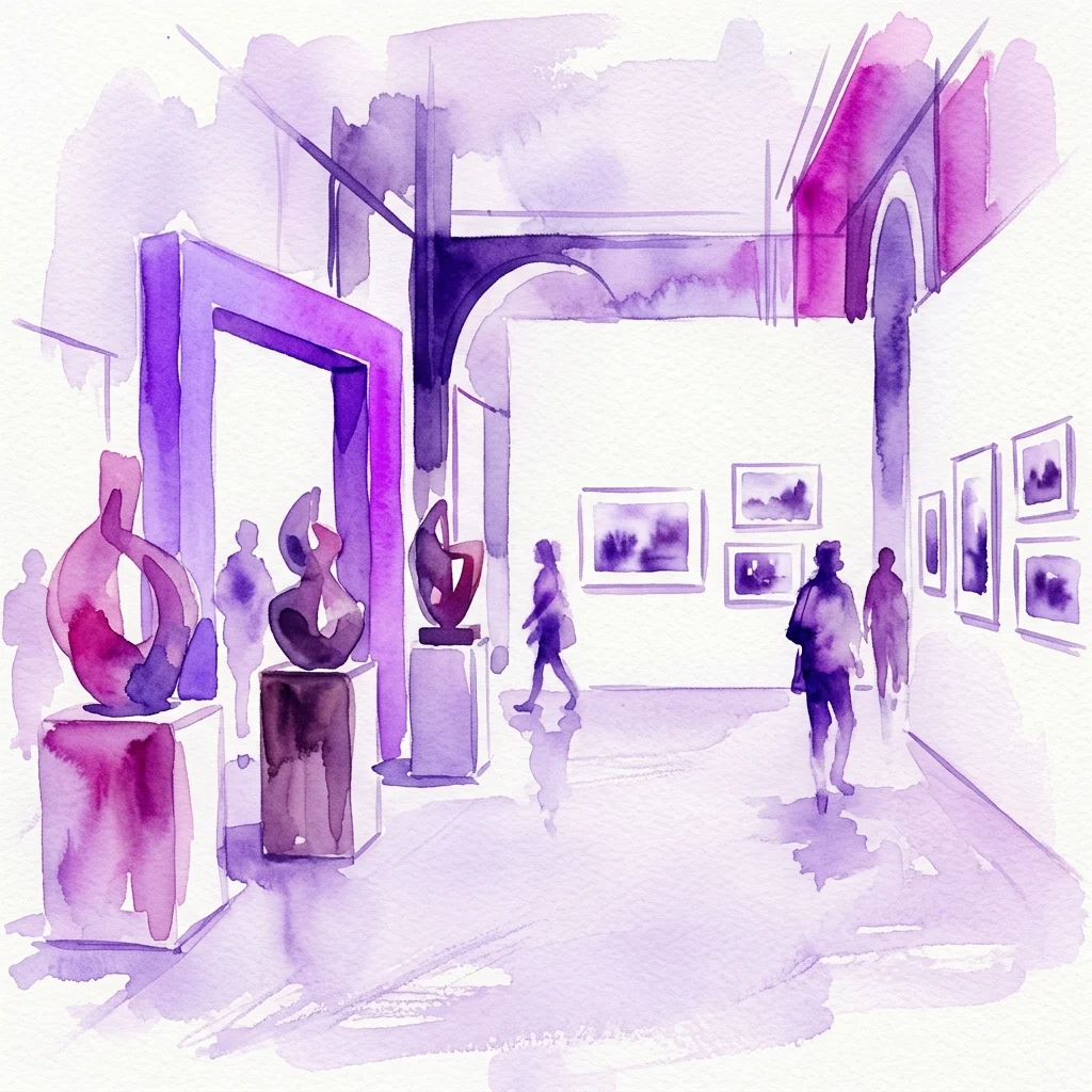 Watercolor illustration of a contemporary art gallery with abstract sculptures on pedestals and framed photographs on the walls, featuring visitors walking through the space.