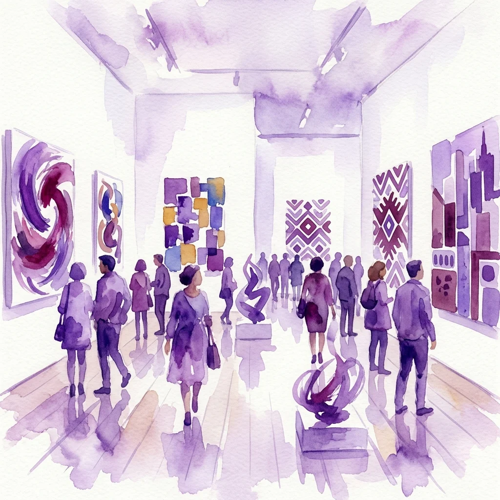 Ilustracja akwarelowa przedstawiająca zwiedzających oglądających współczesne dzieła sztuki w galerii, z abstrakcyjnymi obrazami i rzeźbami w kolorystyce fioletowo-białej.