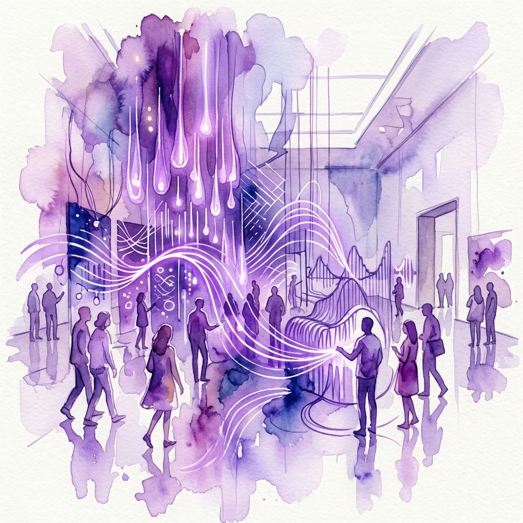 An artistic installation in a gallery space with purple watercolor effects, featuring light trails and sound wave patterns, visitors interacting with the exhibit, and a reflective floor.
