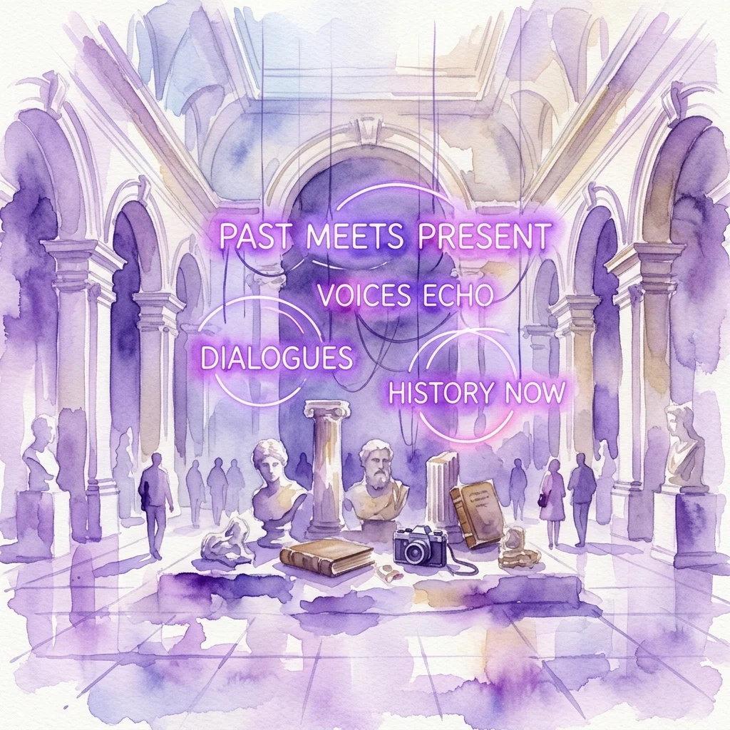 A watercolor illustration of an art installation in a classical gallery, featuring neon text reading 'PAST MEETS PRESENT', 'VOICES ECHO', 'DIALOGUES', and 'HISTORY NOW', with busts, books, and a camera arranged on the floor.