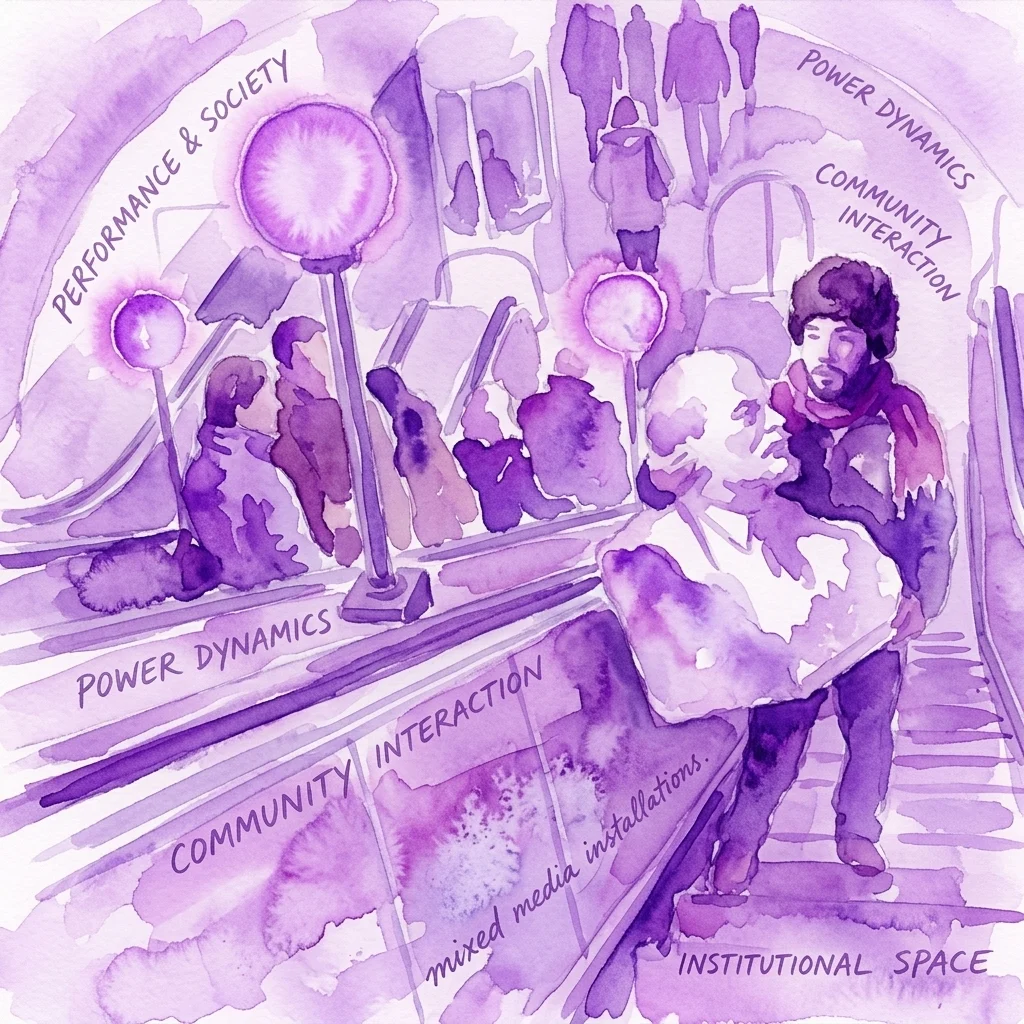 A purple watercolor illustration depicting a mixed media art installation exploring performance, power dynamics, and community interaction in an institutional space, featuring silhouetted figures and text labels.