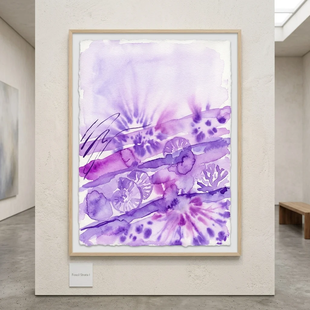 A purple watercolor artwork titled 'Fossil Strata I' by Yto Barrada, featuring abstract representations of fossils and geological layers, displayed in a minimalist gallery setting.