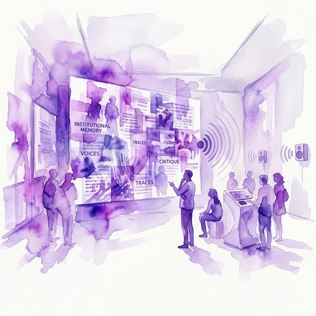 Waterverfillustratie van de tentoonstelling van Yuki Okumura in de Secession, met een galerie met gelaagde projecties, geluidselementen en bezoekers die interactieve displays verkennen die institutioneel geheugen en kritiek onderzoeken.