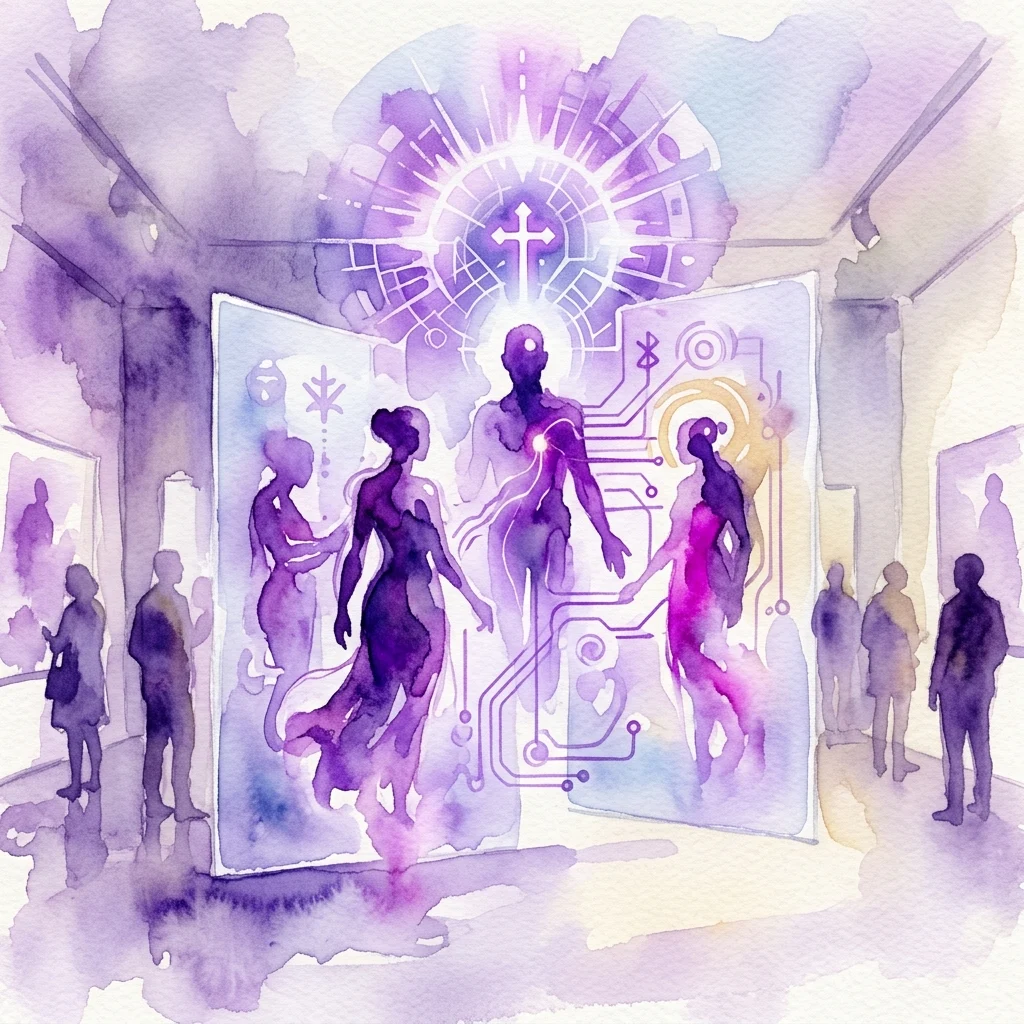 An AI-generated art installation by Zach Blas titled 'CULTUS,' featuring abstract digital figures and a central radiant cross, exploring themes of artificial intelligence, religion, and technology in a gallery setting.