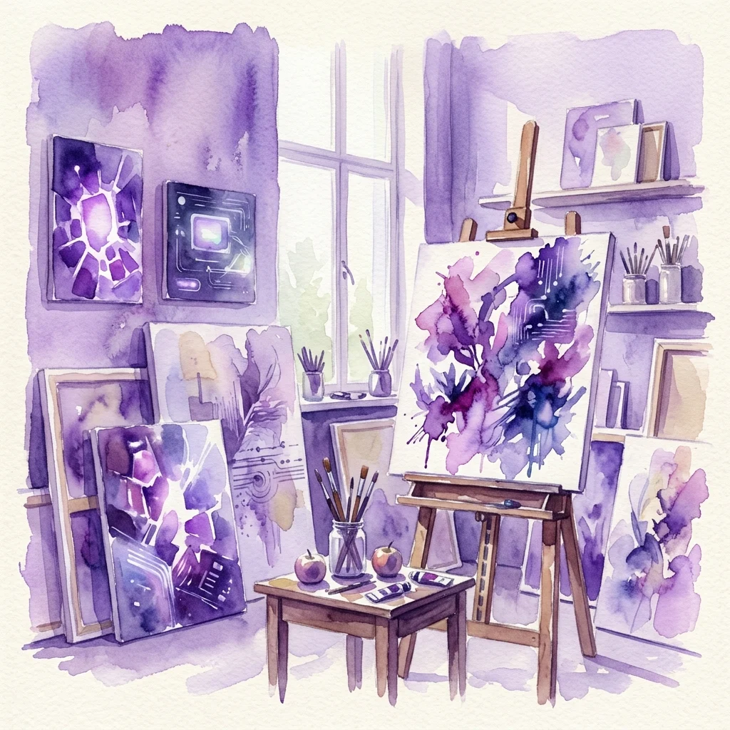 Ilustración en acuarela de un estudio de artista con pinturas abstractas de tonos púrpuras en caballetes y paredes, que presenta motivos digitales y orgánicos como placas de circuito y manzanas, reflejando temas de tecnología y naturaleza.