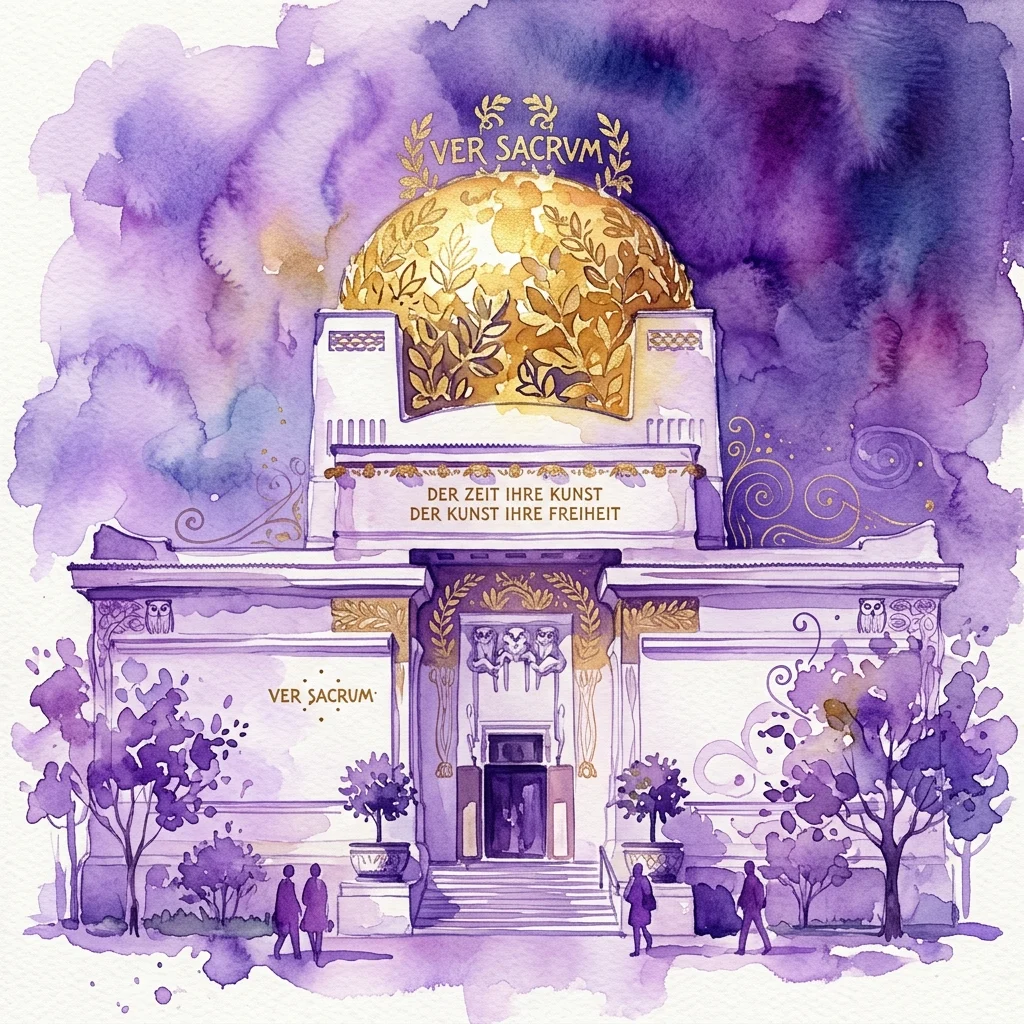 Waterverfillustratie van het Secession-gebouw in Wenen, met de iconische gouden koepel, Jugendstil-ontwerp en de inscripties 'VER SACRVM' en 'DER ZEIT IHRE KUNST DER KUNST IHRE FREIHEIT'.