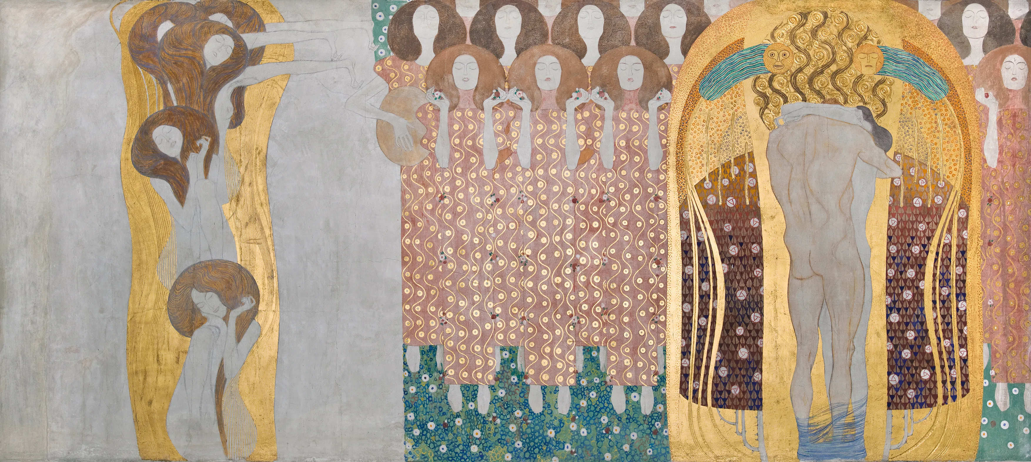 A section of Gustav Klimt's Beethoven Frieze with golden figures and a central nude male form