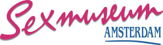Pink cursive text 'Sexmuseum' with blue 'AMSTERDAM' below on black background