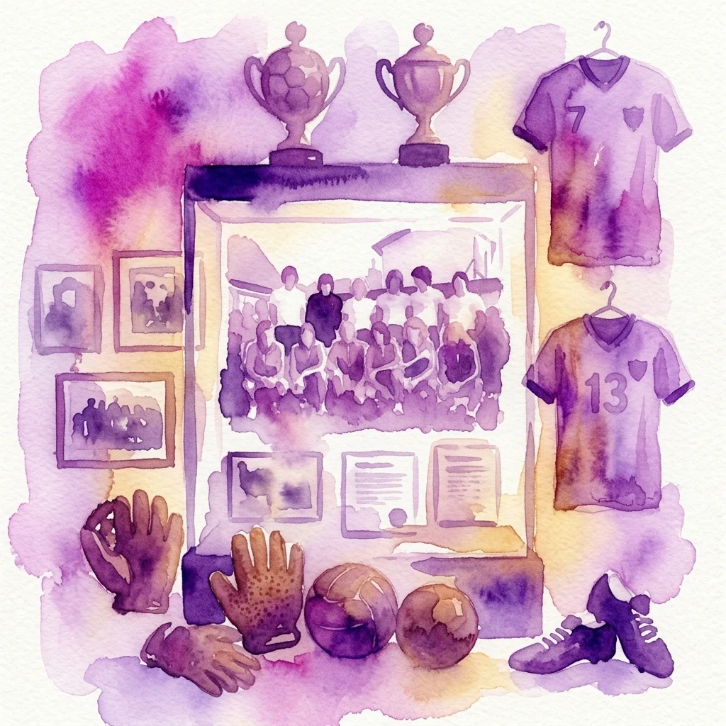 Ilustración en acuarela de una vitrina de museo con recuerdos de balonmano, que incluye trofeos, camisetas vintage, fotos de equipo, guantes de cuero y balones de balonmano.