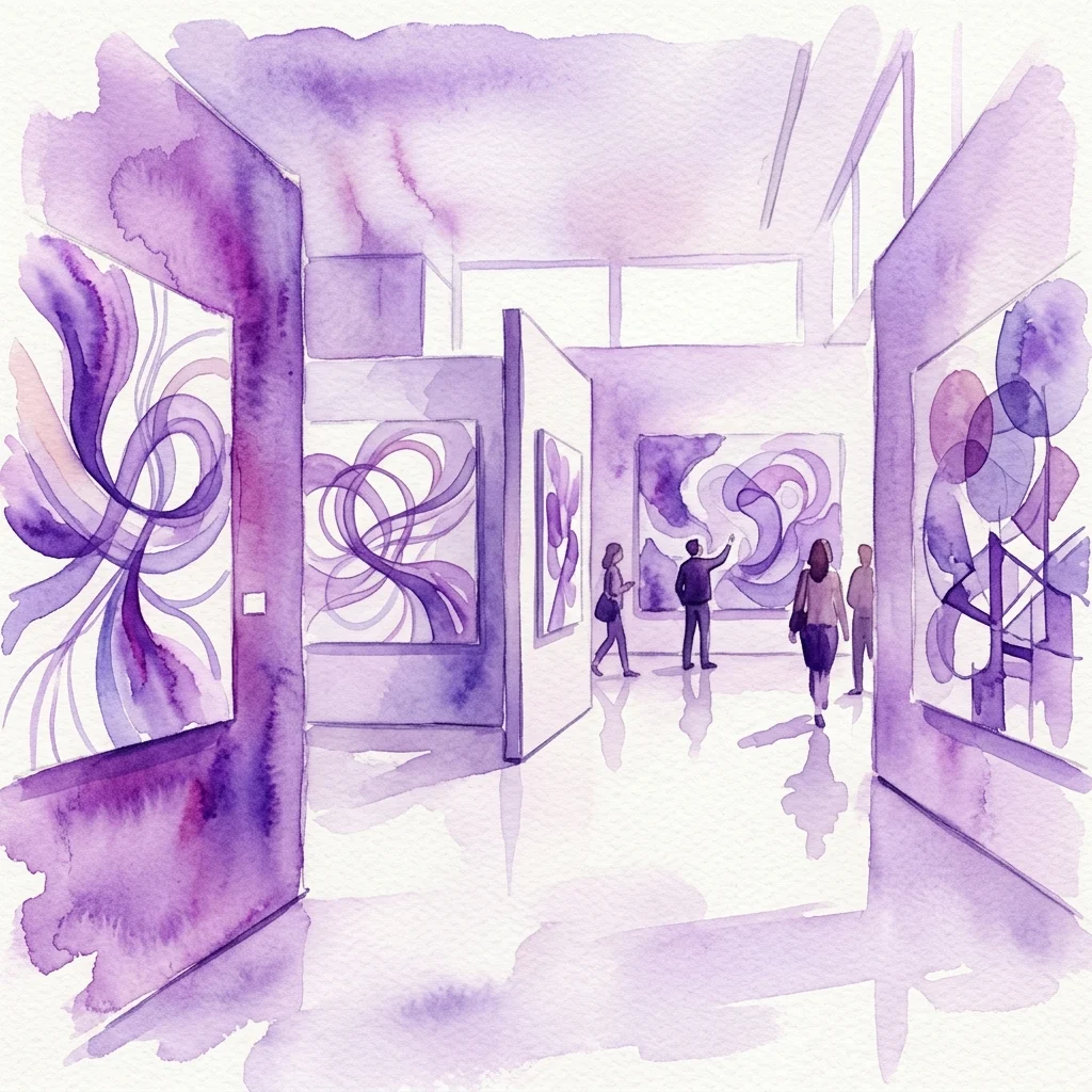 Watercolor illustration of an art gallery with purple abstract artworks on display, visitors observing the exhibition under soft lighting.