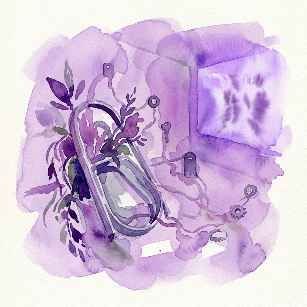 A watercolor illustration of a saxophone intertwined with purple plants and keys, set against a purple background with a glowing screen, representing Daniel Hafner's 'Modern People' art installation.