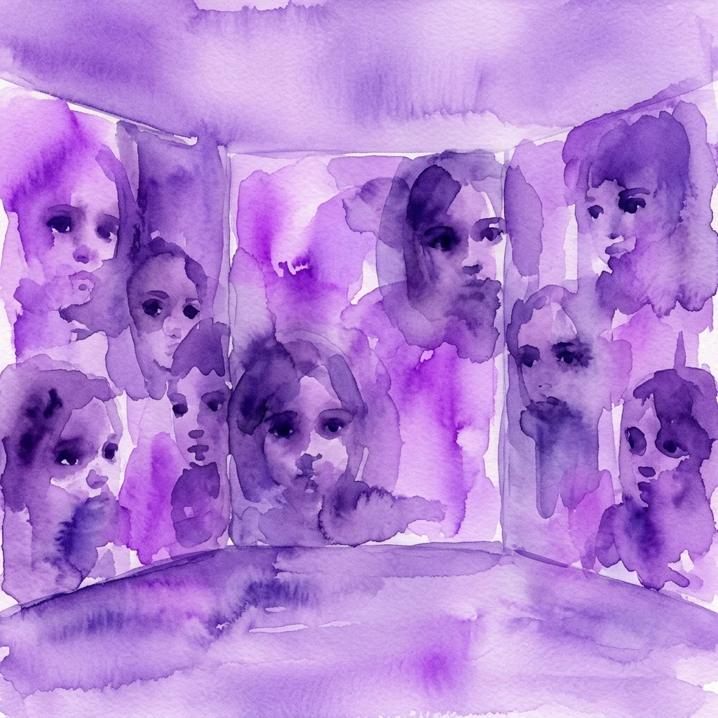 A purple watercolor artwork depicting a kaleidoscopic arrangement of children's faces, representing the 'EYES | OCHI' photo installation honoring Anna Freud's work with children affected by war.