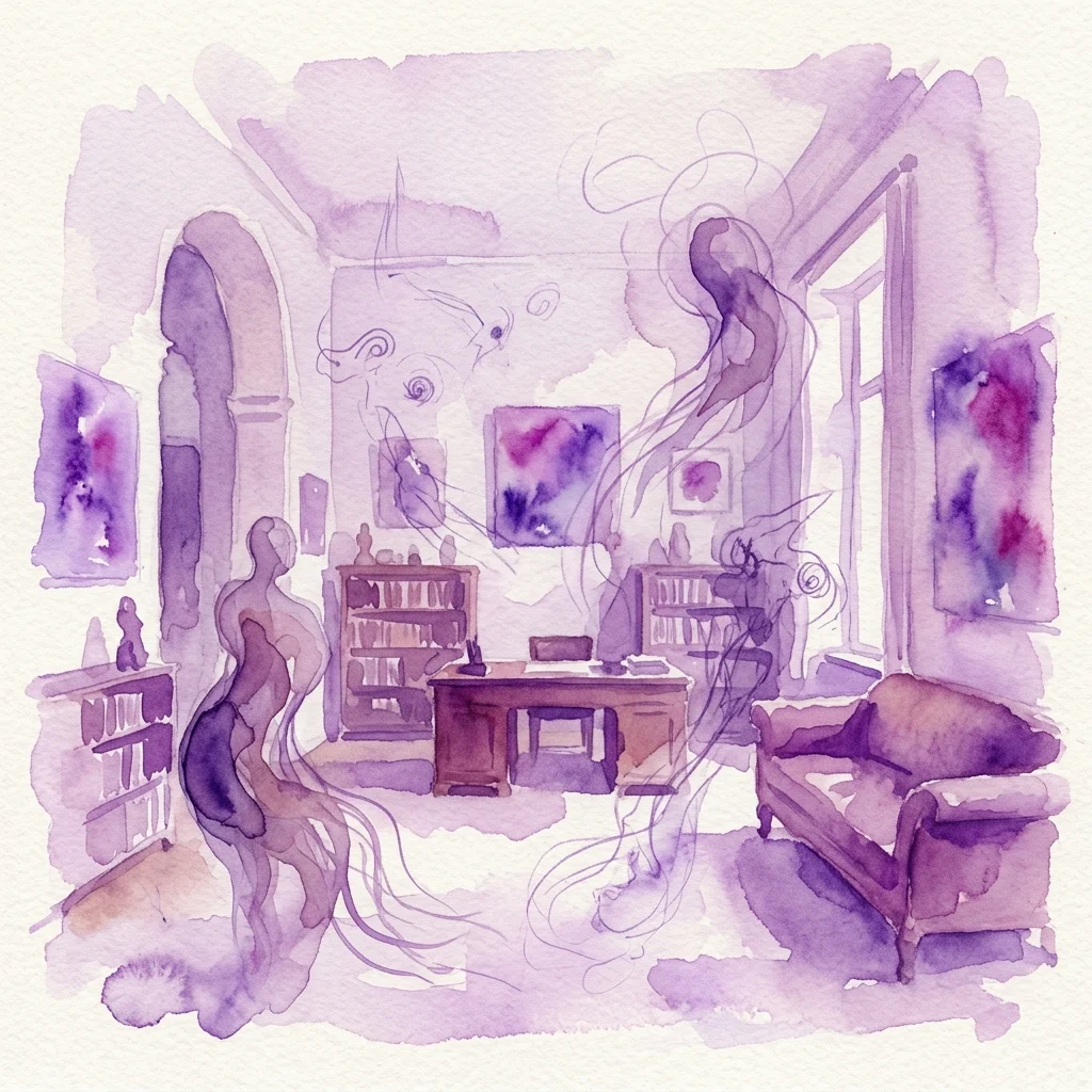 Watercolor illustration of the Freud Museum's interior with purple-hued abstract figures and ghostly forms, depicting an art intervention exploring absence and the uncanny.