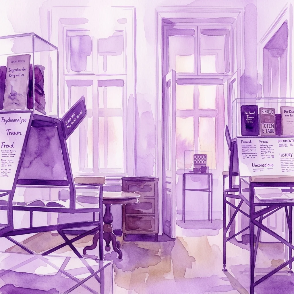 Interior of the Freud Museum's permanent exhibition at Berggasse 19, featuring display cases with books, documents, and artifacts related to psychoanalysis in a scholarly, dimly lit room.