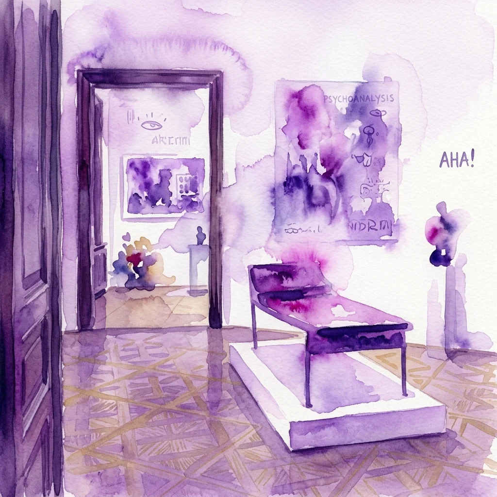 Watercolor illustration of an art exhibition in Sigmund Freud's former practice rooms, featuring a psychoanalytic couch, abstract artworks, and purple-hued walls with text like 'PSYCHOANALYSIS' and 'AHA!'