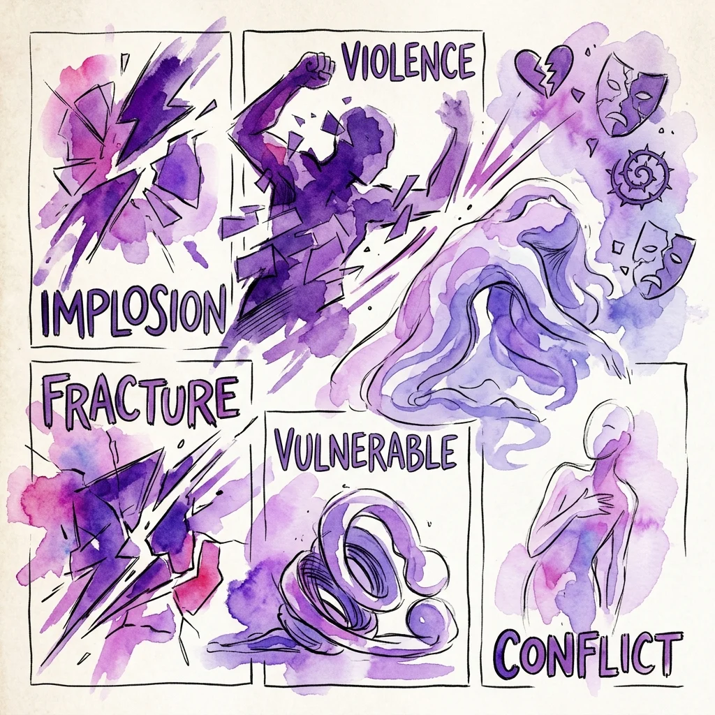 A comic-style illustration with purple watercolor panels depicting themes of violence, implosion, fracture, vulnerability, and conflict, featuring abstract figures and symbolic imagery.