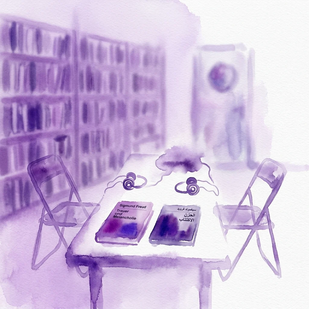 A watercolor illustration of a library setting with books by Sigmund Freud and an Arabic translation of 'Trauer und Melancholie' on a table, accompanied by headphones, evoking a contemplative atmosphere for an art exhibition.