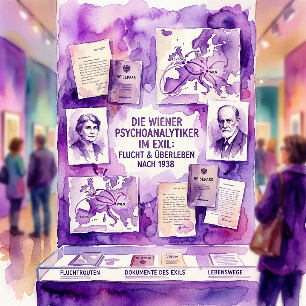 Exhibition display titled 'Die Wiener Psychoanalytiker im Exil: Flucht & Überleben nach 1938' featuring portraits, maps of escape routes, and historical documents like visas and letters, set in a museum gallery.