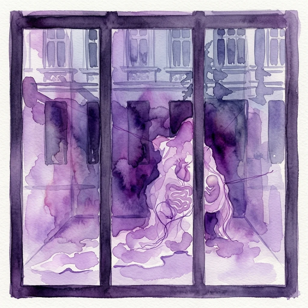 A triptych watercolor artwork in shades of purple depicting abstract internal biological forms, including organs and embryos, viewed through a window-like frame, representing Stephanie Pflaum's 'Haut (Skin)' exhibition at the Freud Museum Vienna.