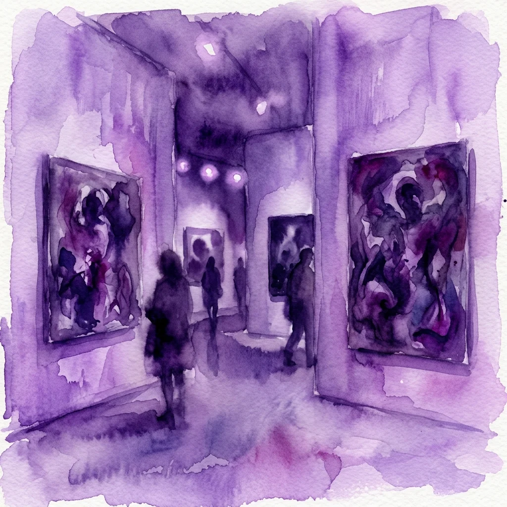 A watercolor illustration of a dimly lit art gallery with purple hues, featuring abstract artworks on the walls and visitors viewing the exhibits, evoking a sense of psychological unease.