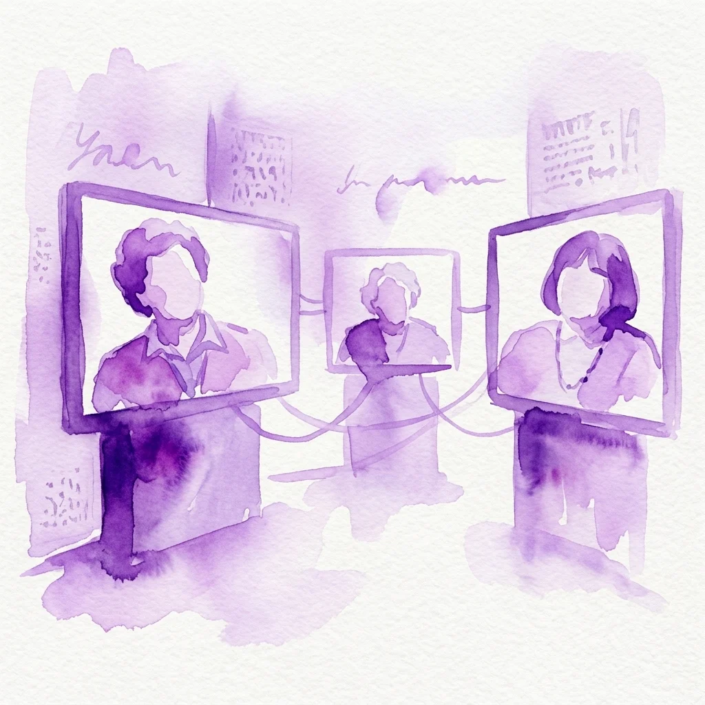 A purple watercolor illustration of three screens displaying portraits of elderly women, representing a video installation from the exhibition 'We Lived ... In the Ninth District' at the Freud Museum Vienna.