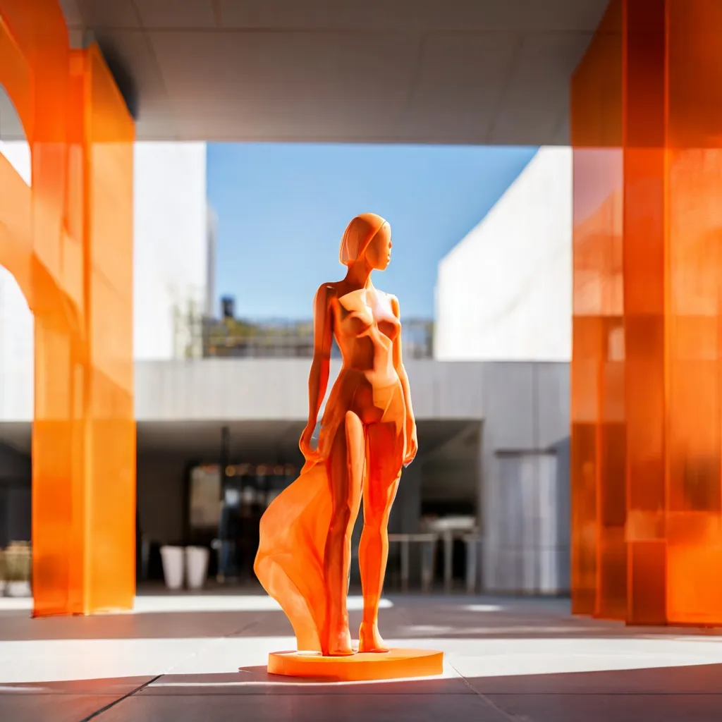 A conceptual 3D-printed sculpture representing the Anonymous Woman art project in a public urban setting.