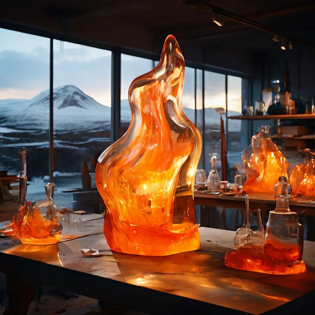 Exhibición artística de vidrio fundido brillante siendo moldeado durante el festival Glowing Glacier en Islandia.