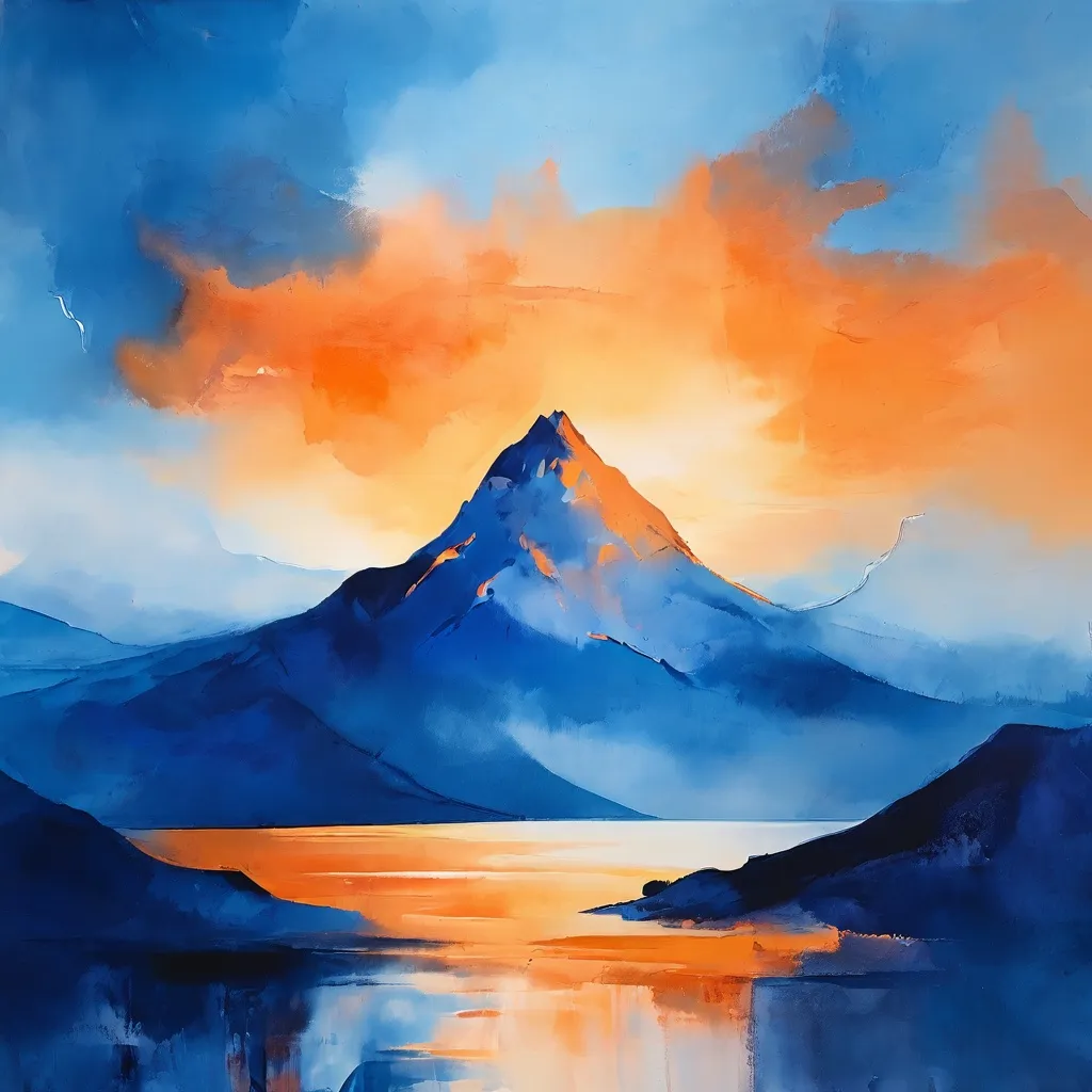 Abstract oil painting featuring textured blue sky and mountain peaks representing the Toppar exhibition at SÍM Gallery.
