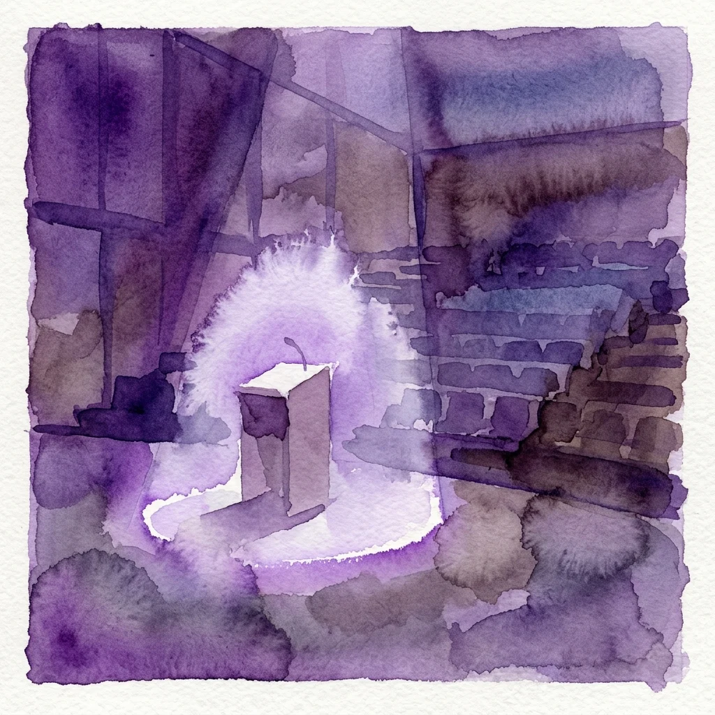 Ilustracja akwarelowa auli wykładowej z podium pod reflektorem, wykonana w odcieniach fioletu i szarości, przywołująca ponurą atmosferę akademicką.