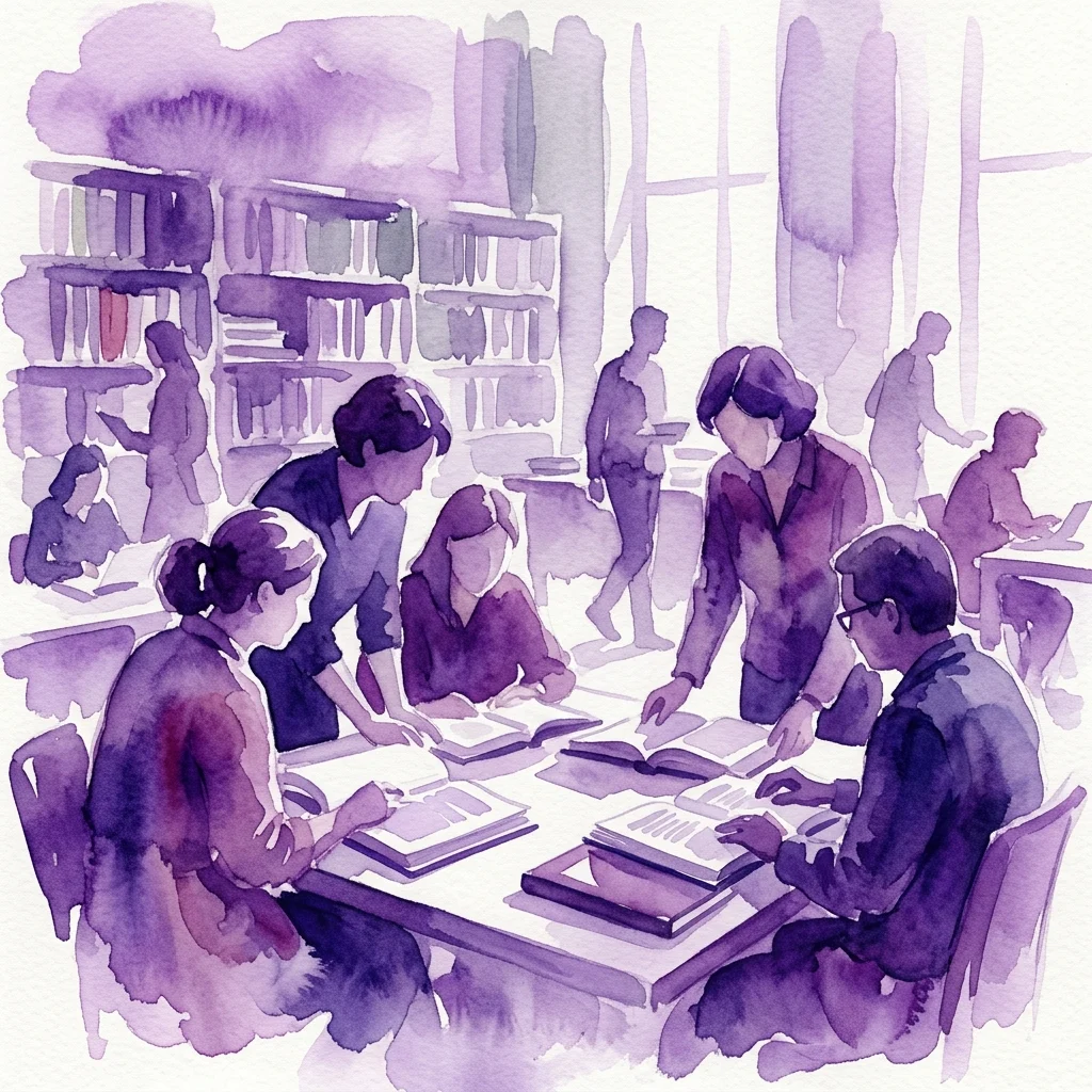 Académicos e investigadores se reunieron alrededor de una mesa en una biblioteca, examinando documentos y discutiendo registros históricos relacionados con la persecución nazi y el trabajo forzado, como parte de la conferencia 'Beyond Camps and Forced Labour'.