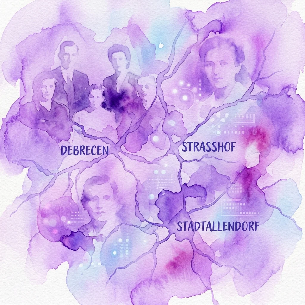 Fioletowa ilustracja akwarelowa łącząca postacie historyczne z liniami mapy między Debreczynem, Strasshofem i Stadtallendorf, symbolizująca pamięć i pamięć międzypokoleniową.