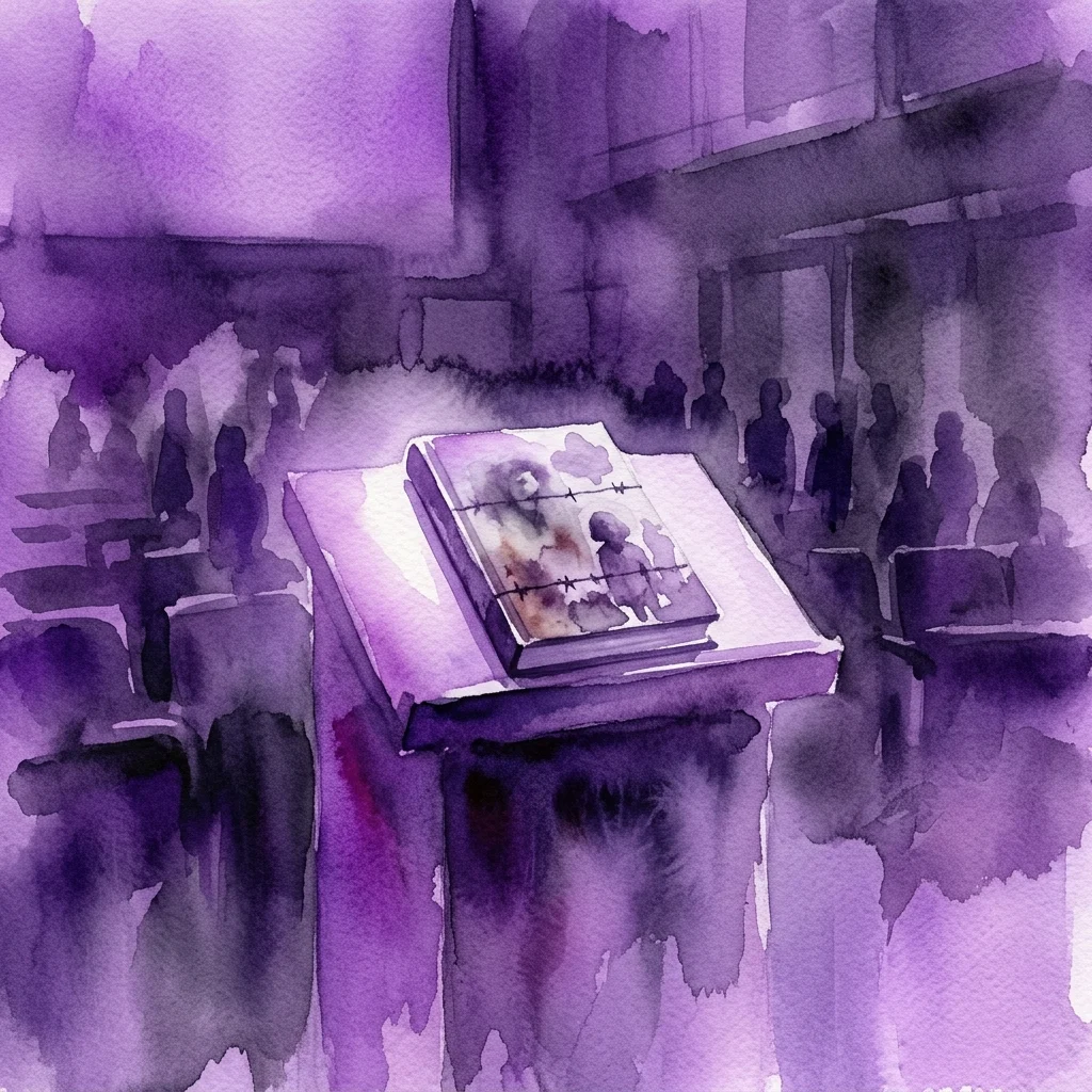 Een aquarelillustratie van een boek met de titel 'Ik heb het mijn moeder nog niet eens verteld', tentoongesteld op een podium in een schemerige academische zaal, omringd door silhouetten, wat een sombere stemming overbrengt over kindslachtoffers van seksueel geweld in oorlogstijd.