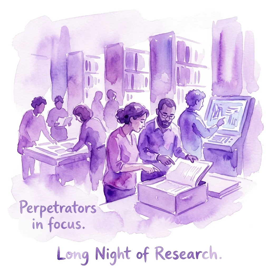Una ilustración en acuarela de investigadores y personal examinando documentos históricos y pantallas digitales en el Instituto Vienna Wiesenthal para el evento 'Lange Nacht der Forschung 2026', con el tema 'Perpetrators in Focus'.