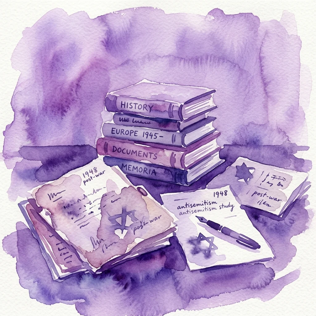 Ilustracja akwarelowa książek i dokumentów z etykietami typu '1948 powojenny', 'badanie antysemityzmu' i 'Europa 1945-', przedstawiająca badania historyczne nad powojennym antysemityzmem.