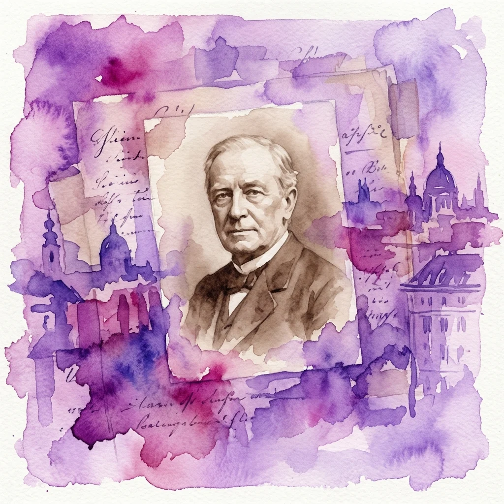 Watercolor illustration of a historical portrait of a distinguished older man in formal attire, set against a backdrop of purple and pink watercolor washes, handwritten documents, and architectural silhouettes of Vienna, evoking scholarly remembrance.