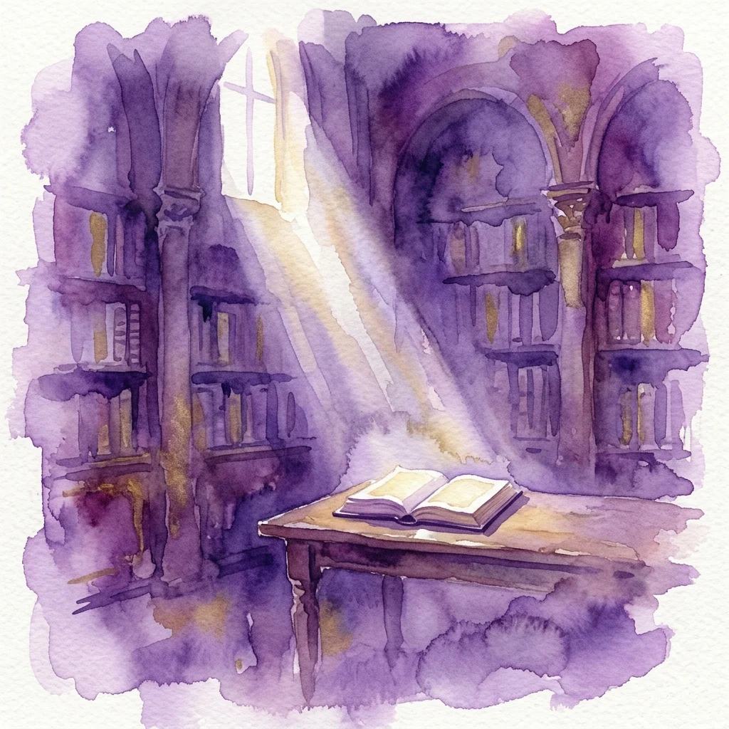 Ilustracja akwarelowa słabo oświetlonej biblioteki, w której promień światła pada na otwartą książkę na stole, symbolizując odkrywanie historycznych prawd o ratunku podczas Holokaustu.