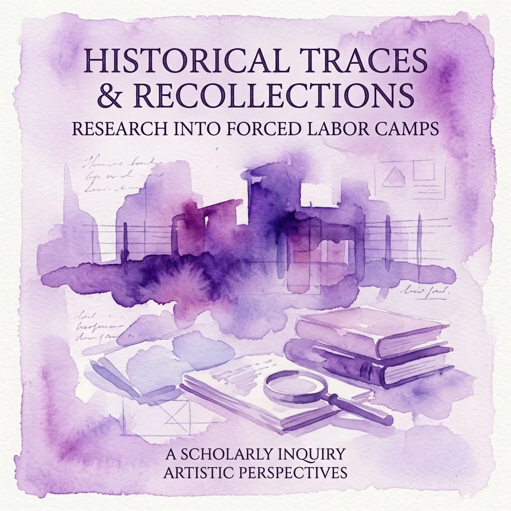 Okładka książki zatytułowana 'Historical Traces & Recollections: Research into Forced Labor Camps' z fioletową akwarelową ilustracją ruin przemysłowych, książek i lupy, z tekstem wskazującym na naukowe i artystyczne dociekania.