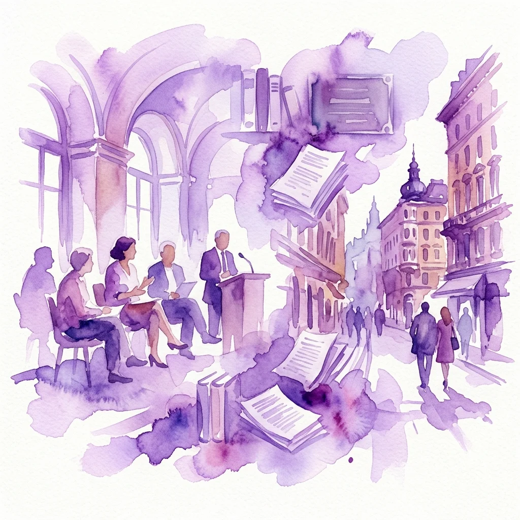Ilustracja akwarelowa przedstawiająca sympozjum z mówcami przy podium i uczestnikami, przeplatająca się z ulicami miasta, książkami i elementami architektonicznymi, upamiętniająca setne urodziny badacza Holokaustu Raula Hilberga.