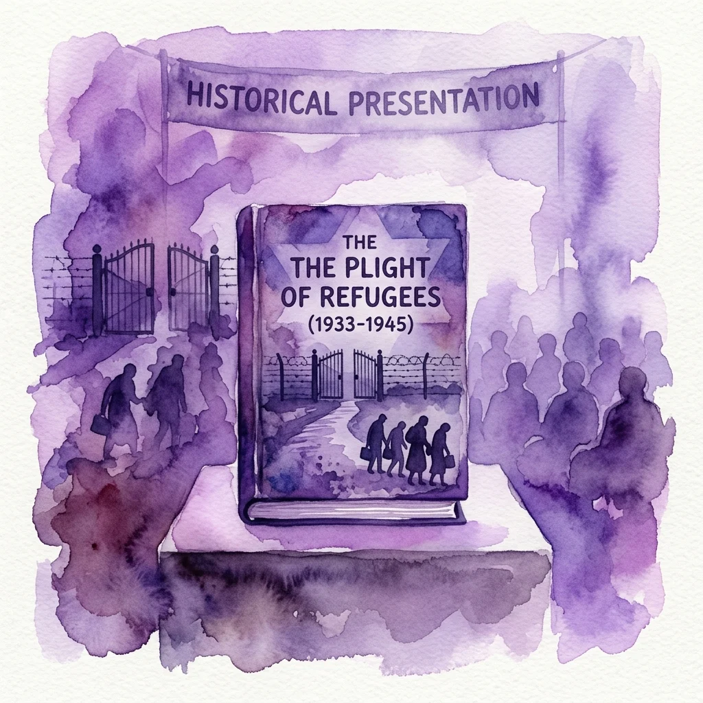 Ilustracja akwarelowa książki zatytułowanej „The Plight of Refugees (1933-1945)” prezentowanej pod transparentem „Prezentacja Historyczna”, z sylwetkami uchodźców idących w stronę krat, symbolizującymi ograniczony wstęp w erze Holokaustu.