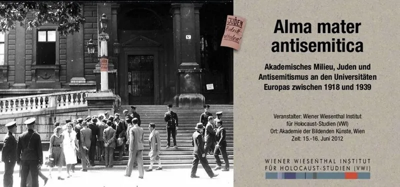 Black and white historical photograph of people on steps outside a building, with a poster on the right displaying text about an antisemitism conference.