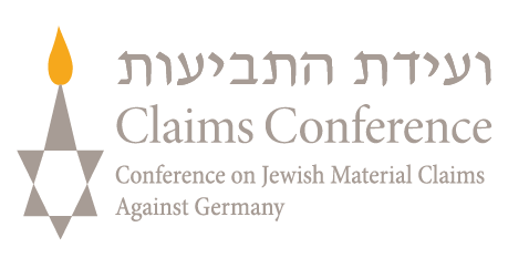 Logo with a menorah and Star of David, text in Hebrew and English reading 'Claims Conference' and 'Conference on Jewish Material Claims Against Germany'