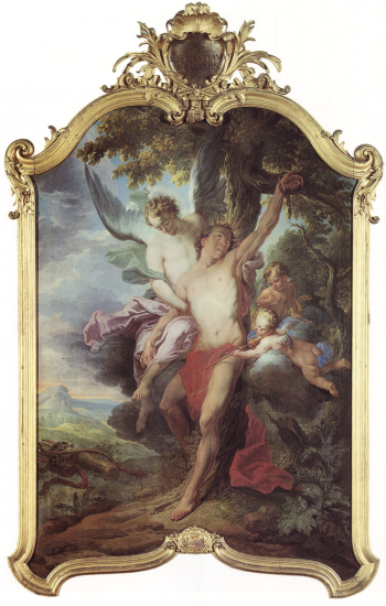 Pintura al óleo clásica en un marco rococó dorado ornamentado que muestra una figura masculina seminuda alcanzando hacia arriba, apoyada por un ángel alado, con un querubín y un paisaje de fondo.