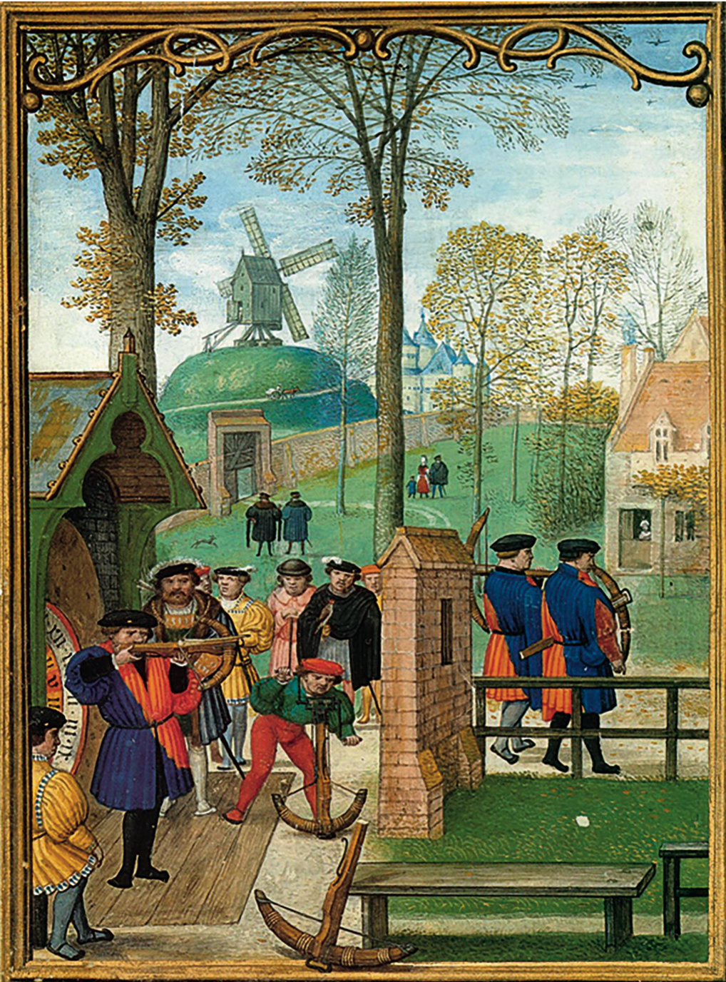 Ilustración de manuscrito histórico que muestra a arqueros practicando con arcos largos en un jardín, con un molino de viento en una colina verde y edificios del pueblo al fondo, enmarcada por un borde dorado ornamentado